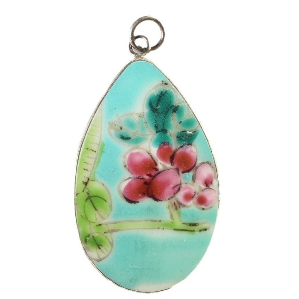 Vintage Turquoise Cloisonne Enamel Floral Teardrop Pottery Shard Pendant Focal